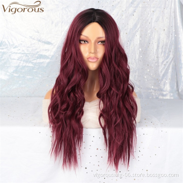 Vigorous Wholesale High Temperature Ombre Red Middle Part Wig Long Natural Wave Cosplay Synthetic Wig for Women